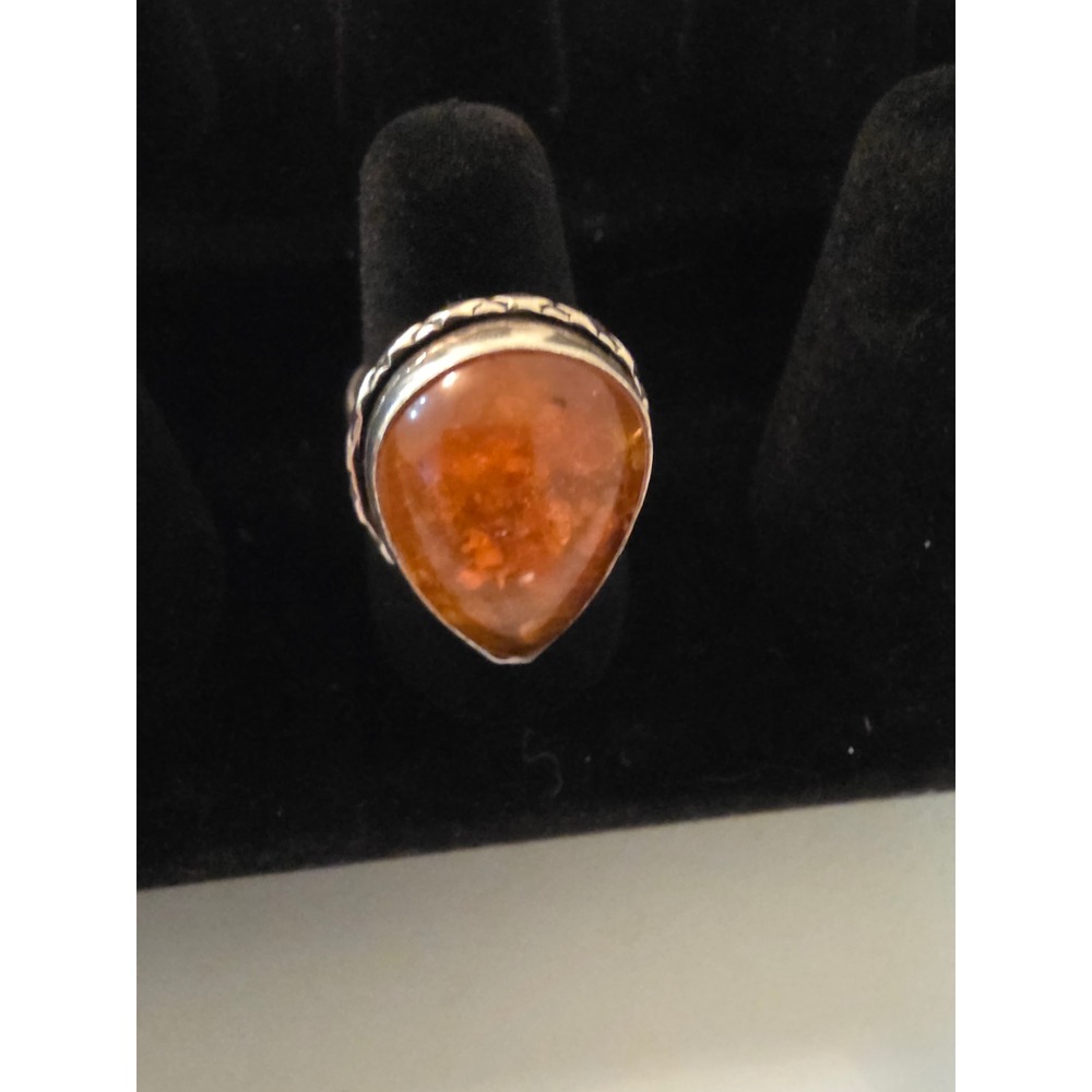Sterling Silver 925 Amber Teardrop Cabochon Statement Ring Size 6